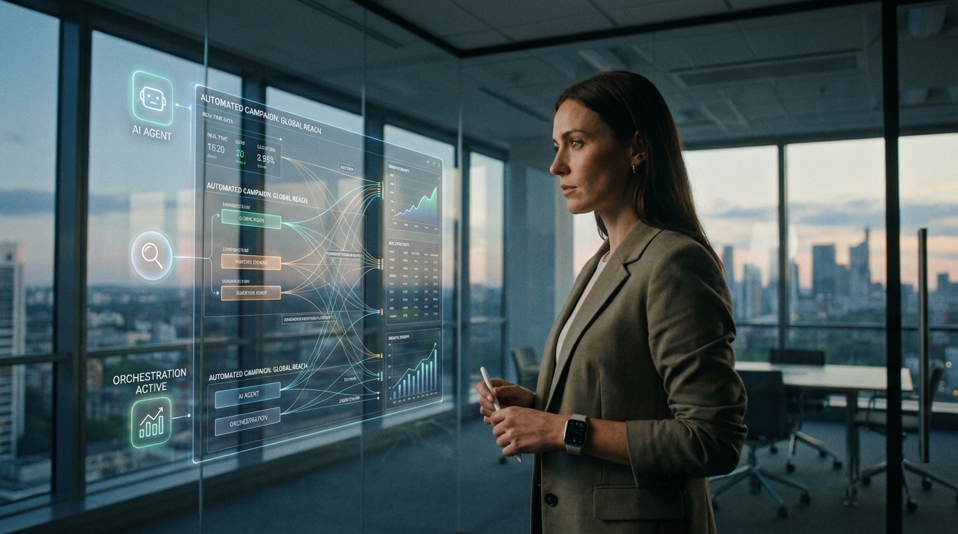 A focused entrepreneur, in a sleek modern office, observes a complex, multi-layered holographic interface displaying an interconnected web of real-time data, automated marketing campaigns, and growth metrics, subtly hinting at AI agents orchestrating the system, in a cinematic, editorial style.