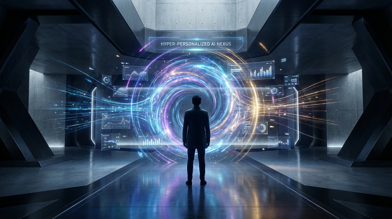 A cinematic, editorial wide shot of a person standing at the nexus of a dynamic, glowing holographic vortex of hyper-personalized digital content and data streams, reflecting intricate AI precision, against a sleek, dark, futuristic backdrop.